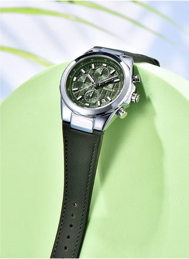 Men's Quartz Leather Strap Sports Chronograph Watch Men's Automatic Date Daily Waterproof, BY-5206 Silver Green