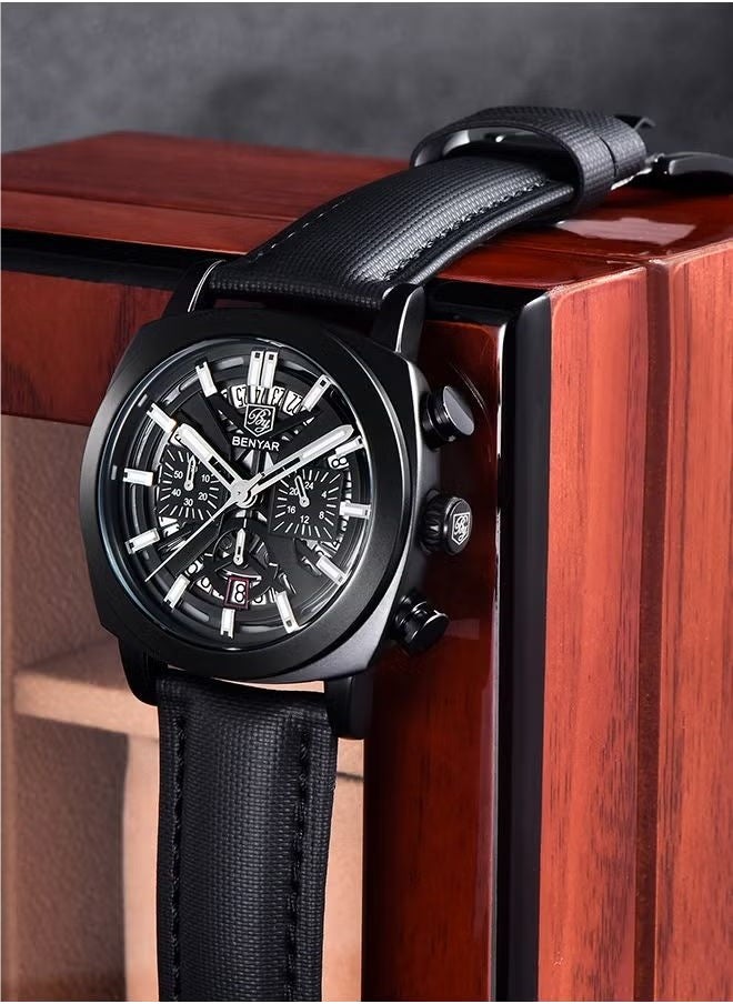 Men's Watch Leather Strap Skeleton Quartz Movement Waterproof Watch Men's Lume Pointer, Watch BY-5205 All Black