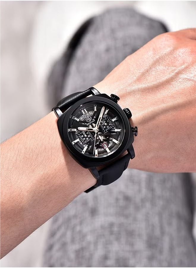 Men's Watch Leather Strap Skeleton Quartz Movement Waterproof Watch Men's Lume Pointer, Watch BY-5205 All Black