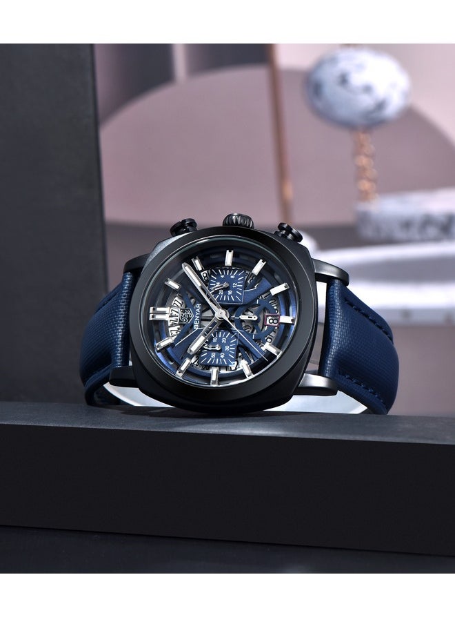 Men's Watch Leather Strap Skeleton Quartz Movement Waterproof Watch Men's Lume Pointer, Watch BY-5205 Black Blue