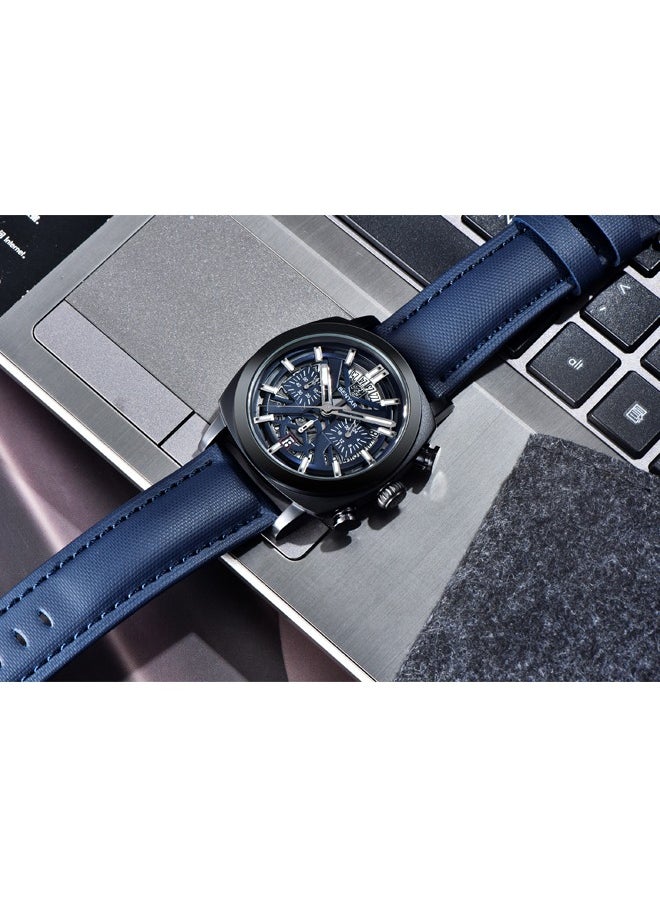 Men's Watch Leather Strap Skeleton Quartz Movement Waterproof Watch Men's Lume Pointer, Watch BY-5205 Black Blue