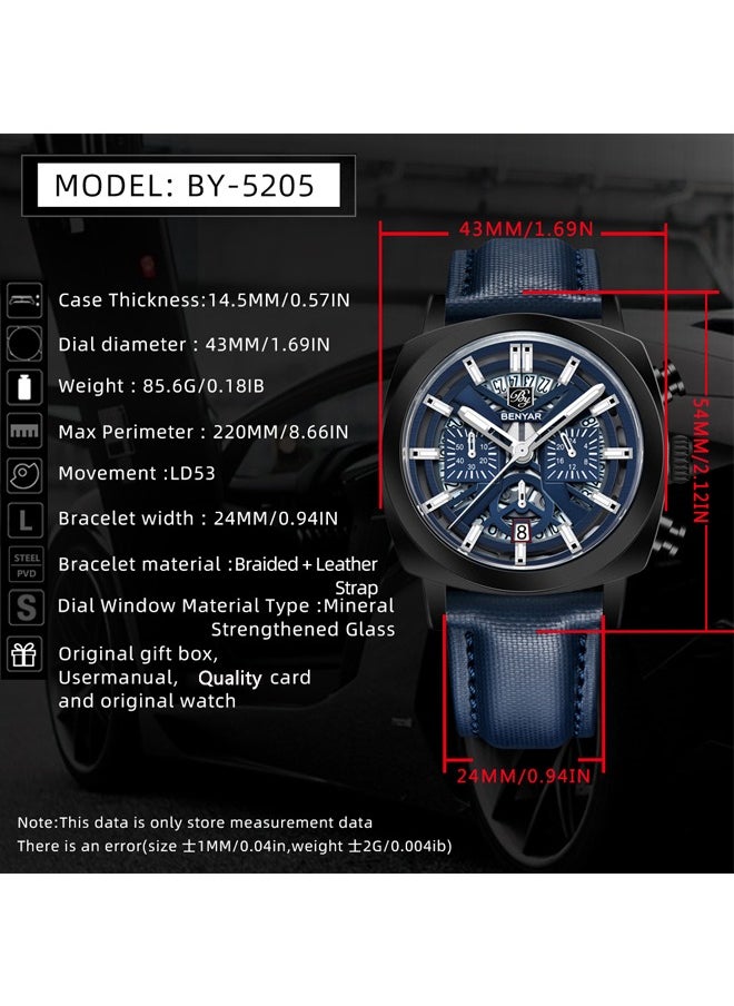 Men's Watch Leather Strap Skeleton Quartz Movement Waterproof Watch Men's Lume Pointer, Watch BY-5205 Black Blue