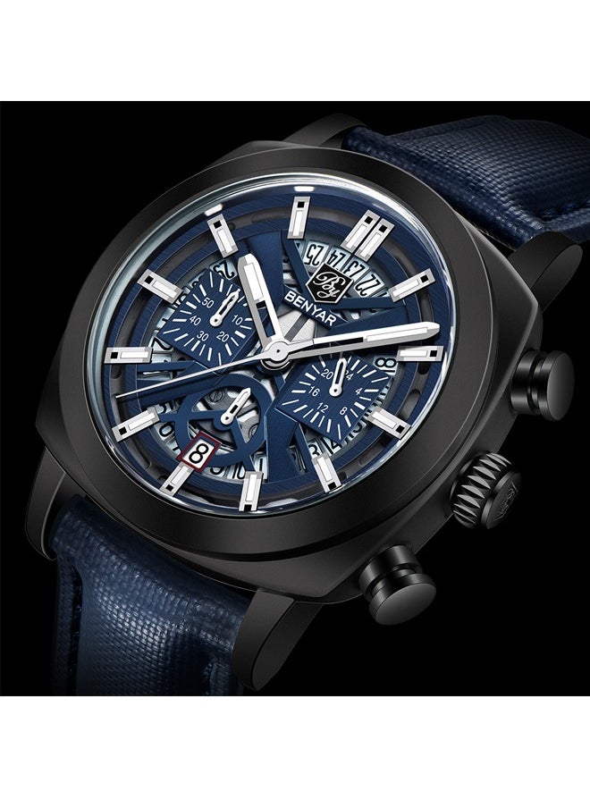 Men's Watch Leather Strap Skeleton Quartz Movement Waterproof Watch Men's Lume Pointer, Watch BY-5205 Black Blue