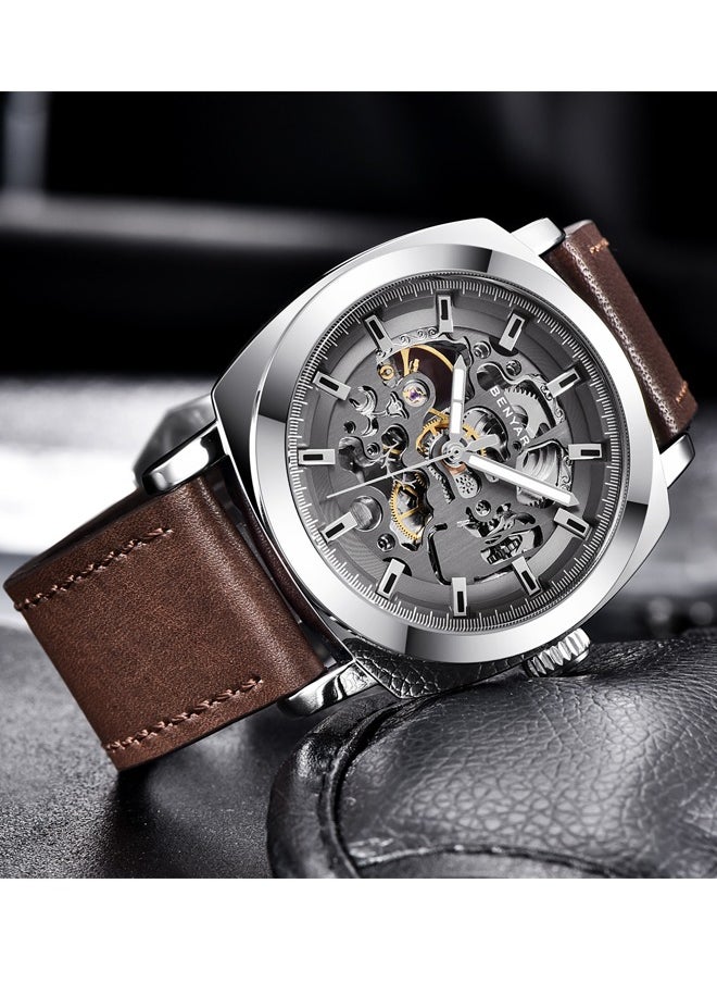 Men's automatic watch, leather strap skeleton mechanical movement waterproof watch men's Lume pointer BY-5121 silver brown