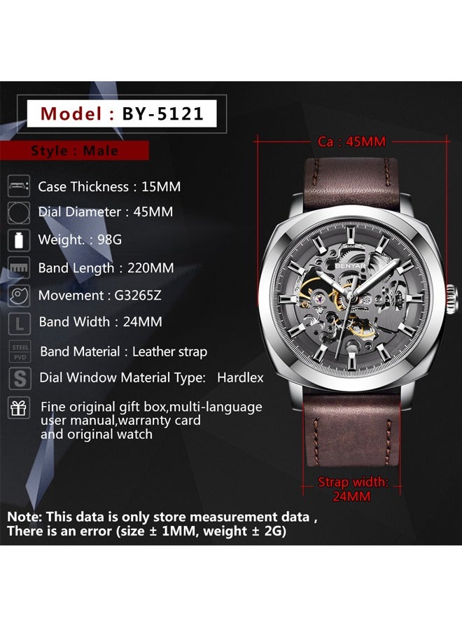 Men's automatic watch, leather strap skeleton mechanical movement waterproof watch men's Lume pointer BY-5121 silver brown