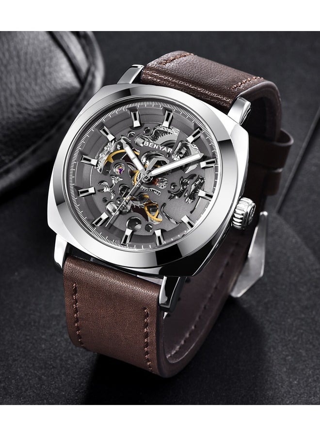 Men's automatic watch, leather strap skeleton mechanical movement waterproof watch men's Lume pointer BY-5121 silver brown