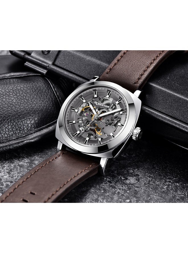 Men's automatic watch, leather strap skeleton mechanical movement waterproof watch men's Lume pointer BY-5121 silver brown