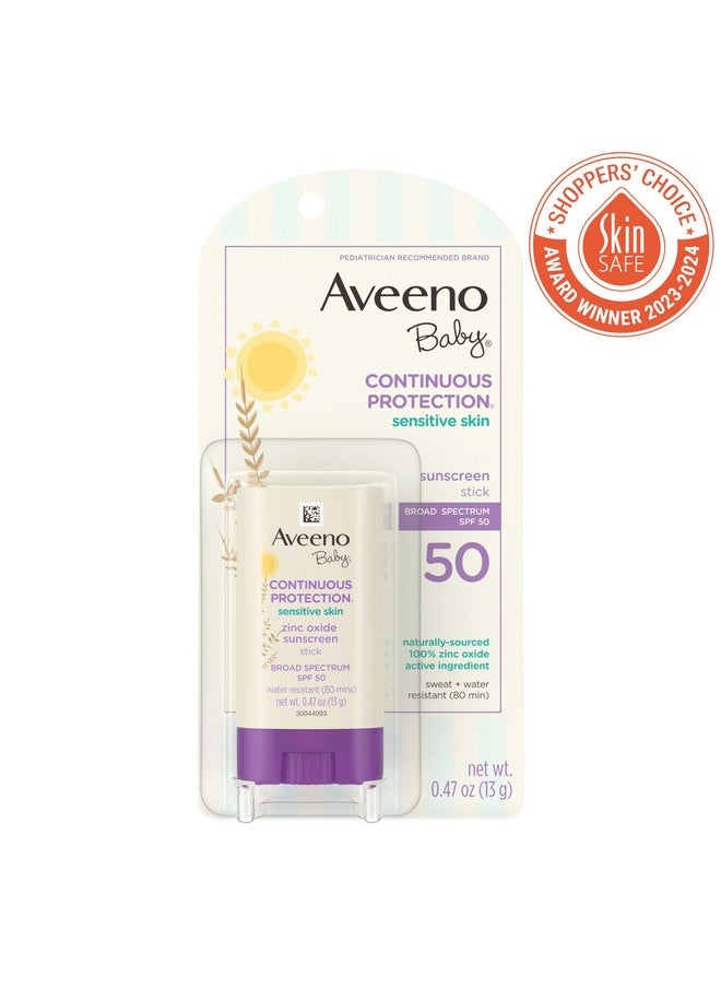 Continuous Protection Mineral Sunscreen Stick For Sensitive Skin With Broad Spectrum Spf 50 Protection For Face & Body, Naturally Sourced 100% Zinc Oxide, Travel Size, 0.47 Oz