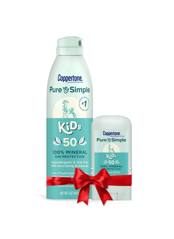 Pure And Simple Kids Mineral Sunscreen Pack, Hypoallergenic, Tear Free Sunscreen For Kids, Sunscreen Spray Spf 50, 5 Oz Can + Sunscreen Stick Spf 50, 0.49 Oz, Holiday Gifts For Parents