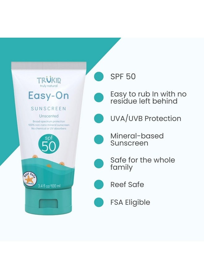 Easy On Mineral Sunscreen Spf 50 - Kids & Baby Sunscreen For Face & Body, Sunblock Protection For Sensitive Skin, Unscented, 3.4Oz