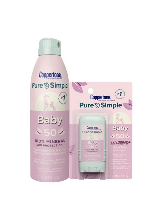 Pure And Simple Baby Mineral Sunscreen Pack, Hypoallergenic And Tear Free Sunscreen For Babies, Baby Sunscreen Spray Spf 50, 5 Oz Can + Baby Sunscreen Stick Spf 50, 0.49 Oz