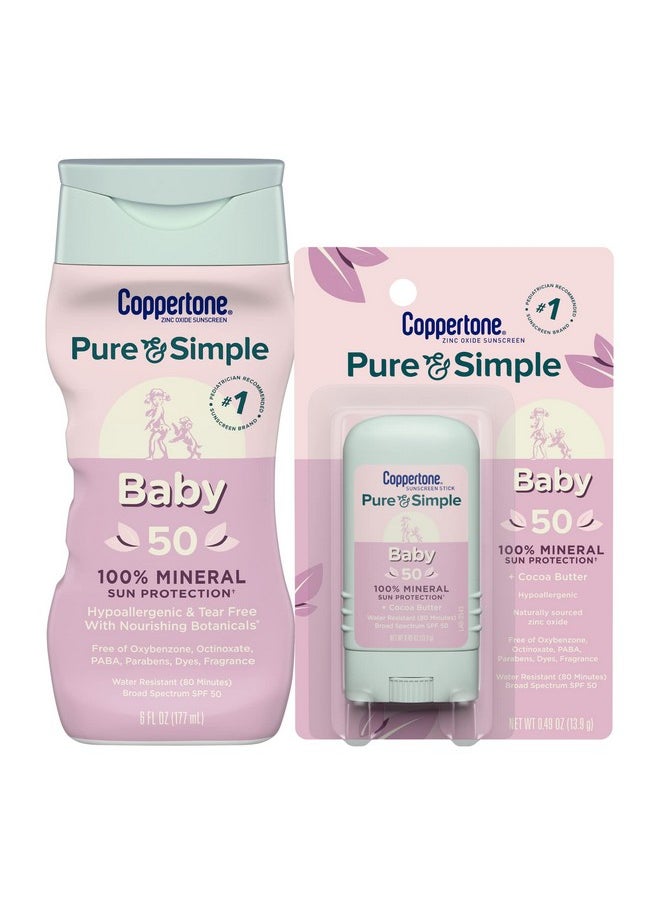 Pure And Simple Baby Mineral Sunscreen Pack, Hypoallergenic And Tear Free Sunscreen For Babies, Baby Sunscreen Lotion Spf 50, 6 Fl Oz Bottle + Baby Sunscreen Stick Spf 50, 0.49 Oz