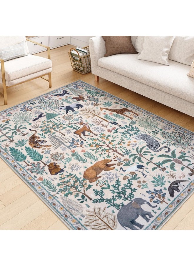 Jungle 5X7 Area Rugs Washable Christmas Beige Living Room Rug Non Slip, Low Pile Bedroom Rug, Abstract Playroom Area Rug Soft Nursery Carpet Dining Room Rug