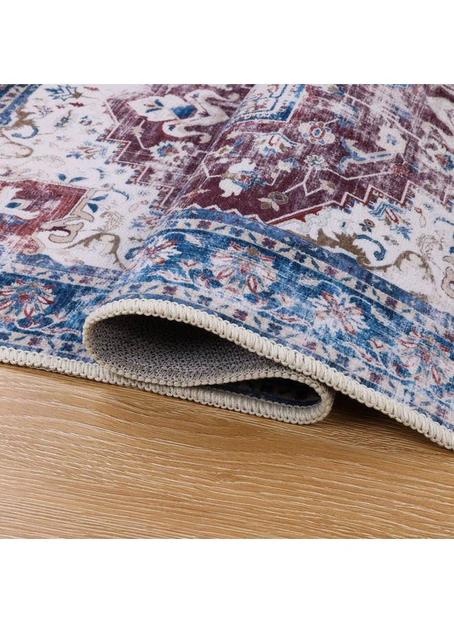 Washable Rugs 4X6 Vintage Area Rugs Non-Slip Area Rugs Low Pile Floor Carpet Printed Soft Durable Stain Resistant Foldable Rugs Living Room Dining Room Bedroom,Burgundy