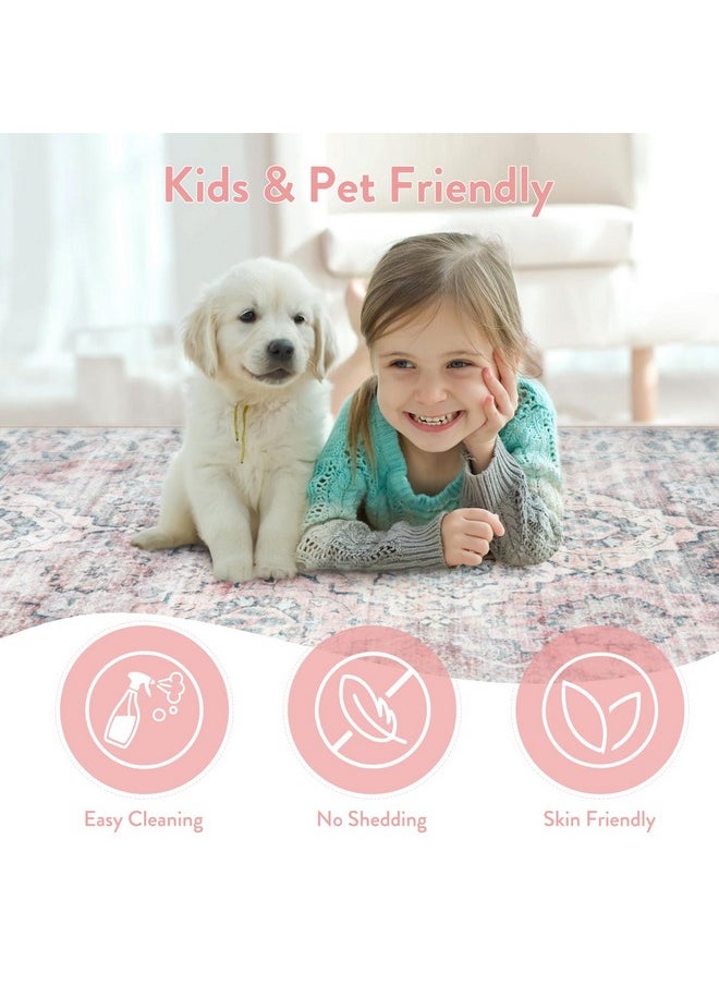5X7 Washable Boho Nursery Rug For Baby Girl, Soft Light Pink Rug For Girls Room, Ultra-Thin Machine Washable Rugs For Nursery Rug Girl, Non-Shedding Floral Rug For Dining Room, Blush/Blue