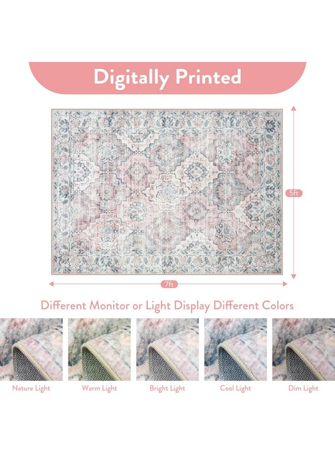5X7 Washable Boho Nursery Rug For Baby Girl, Soft Light Pink Rug For Girls Room, Ultra-Thin Machine Washable Rugs For Nursery Rug Girl, Non-Shedding Floral Rug For Dining Room, Blush/Blue