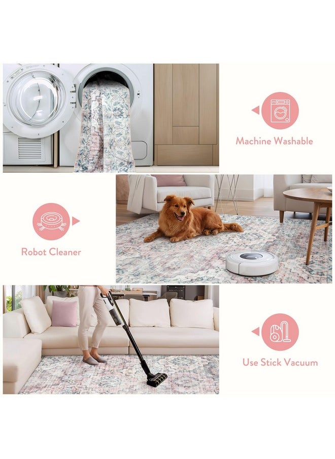5X7 Washable Boho Nursery Rug For Baby Girl, Soft Light Pink Rug For Girls Room, Ultra-Thin Machine Washable Rugs For Nursery Rug Girl, Non-Shedding Floral Rug For Dining Room, Blush/Blue