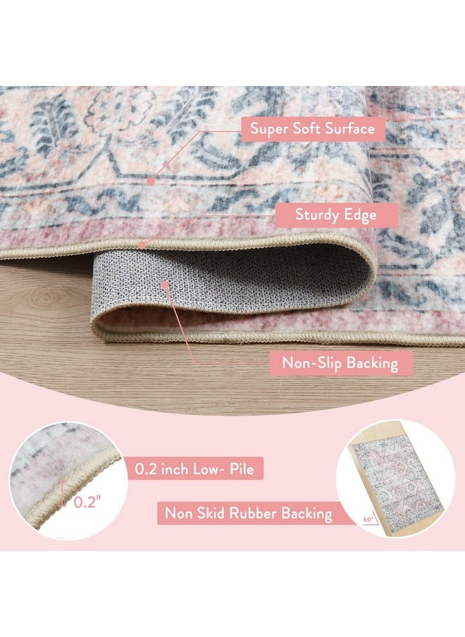 5X7 Washable Boho Nursery Rug For Baby Girl, Soft Light Pink Rug For Girls Room, Ultra-Thin Machine Washable Rugs For Nursery Rug Girl, Non-Shedding Floral Rug For Dining Room, Blush/Blue