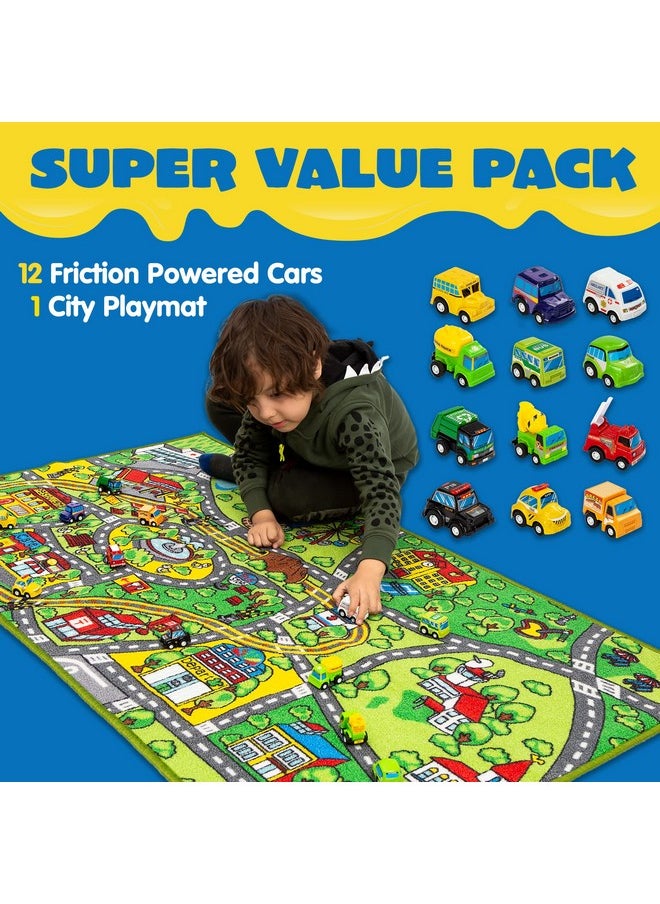 Carpet Playmat W/ 12 Cars Pull-Back Vehicle Set For Kids Age 3+, Jumbo Play Room Rug, City Pretend Play