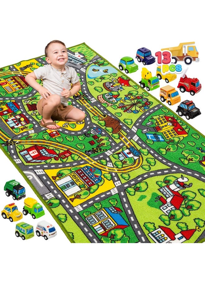 Carpet Playmat W/ 12 Cars Pull-Back Vehicle Set For Kids Age 3+, Jumbo Play Room Rug, City Pretend Play