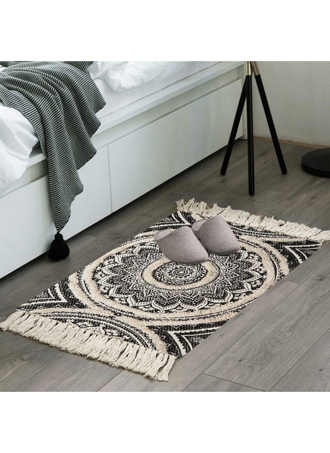 Small Boho Bathroom Rug 2' X 3' Tufted Machine Washable Throw Rugs Bohemian Mandala Area Rug With Tassels Hand Woven Farmhouse Kitchen Sink Rug For Laundry Room/Bedroom,Cream And Black