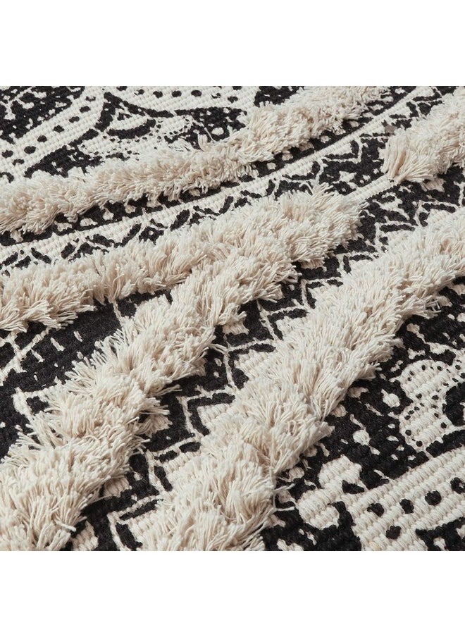 Small Boho Bathroom Rug 2' X 3' Tufted Machine Washable Throw Rugs Bohemian Mandala Area Rug With Tassels Hand Woven Farmhouse Kitchen Sink Rug For Laundry Room/Bedroom,Cream And Black