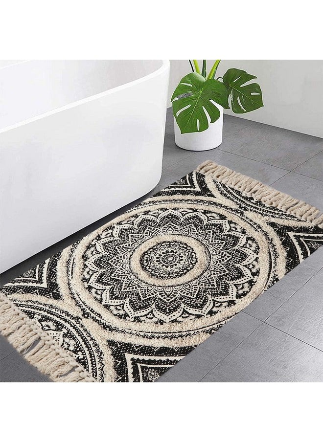 Small Boho Bathroom Rug 2' X 3' Tufted Machine Washable Throw Rugs Bohemian Mandala Area Rug With Tassels Hand Woven Farmhouse Kitchen Sink Rug For Laundry Room/Bedroom,Cream And Black