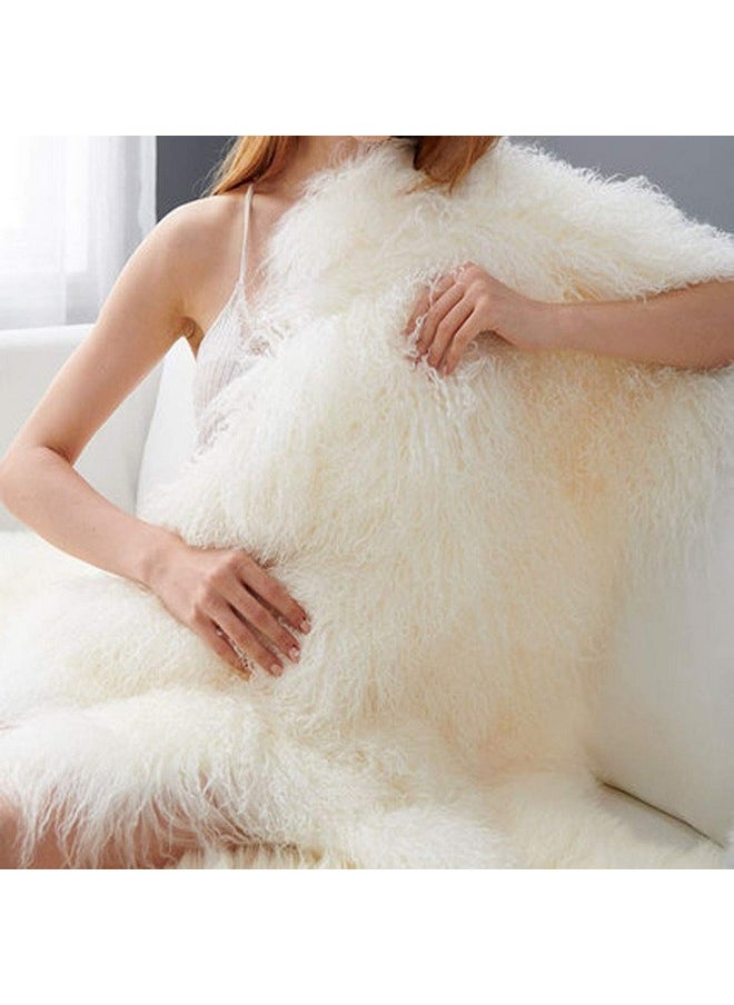 Genuine Tibetan Fur Rug/Ivory White Real Mongolian Sheepskin Hide Pelt Throw Rug Plate Lamb Wool Carpet, 39.5