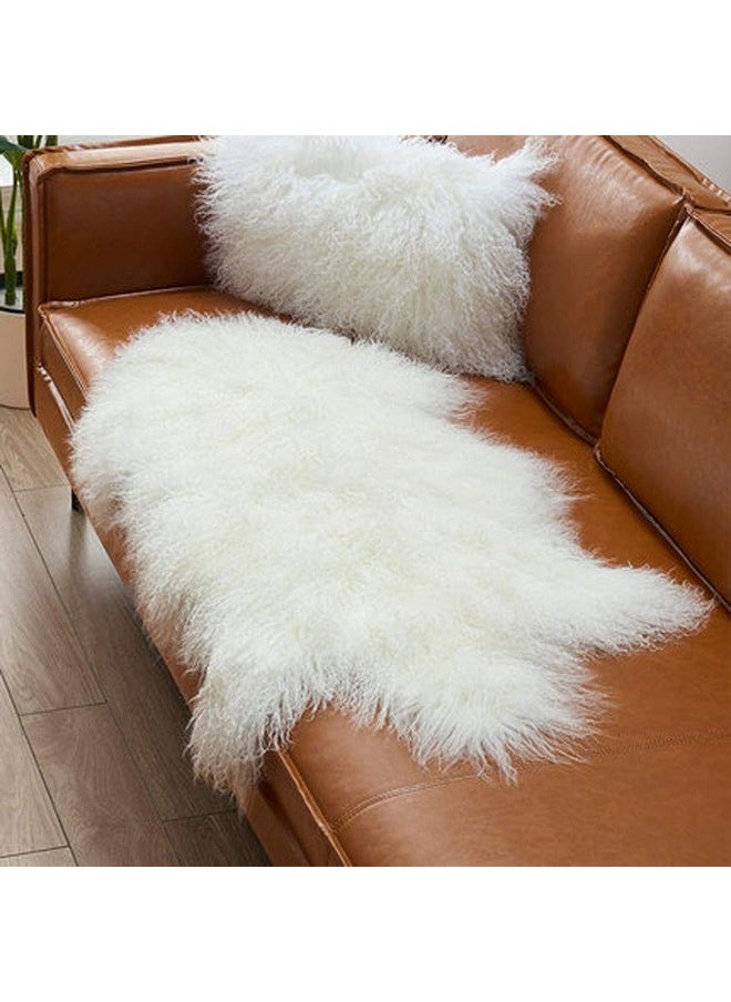 Genuine Tibetan Fur Rug/Ivory White Real Mongolian Sheepskin Hide Pelt Throw Rug Plate Lamb Wool Carpet, 39.5