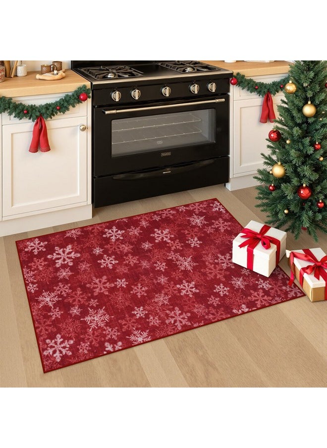 Christmas Rugs Washable Entryway Rug, 2X3 Red Christmas Snowflake Indoor Door Mat, Non-Slip Small Kitchen Rug, Low Pile Front Door Mat Soft Area Rug For Bedroom Bathroom Holiday Decor, Red