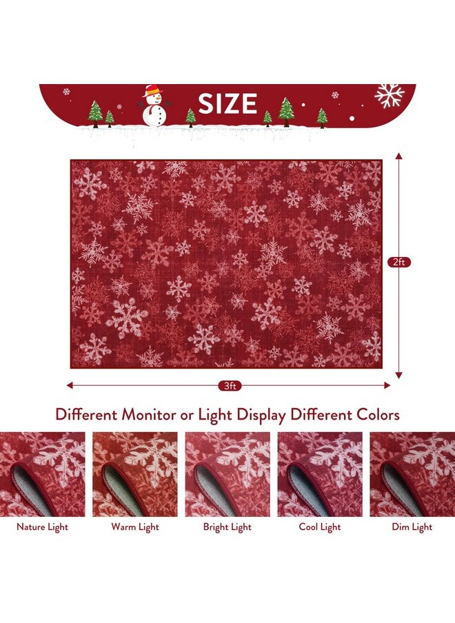 Christmas Rugs Washable Entryway Rug, 2X3 Red Christmas Snowflake Indoor Door Mat, Non-Slip Small Kitchen Rug, Low Pile Front Door Mat Soft Area Rug For Bedroom Bathroom Holiday Decor, Red