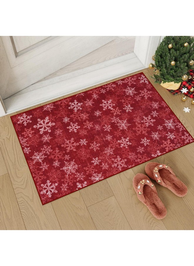 Christmas Rugs Washable Entryway Rug, 2X3 Red Christmas Snowflake Indoor Door Mat, Non-Slip Small Kitchen Rug, Low Pile Front Door Mat Soft Area Rug For Bedroom Bathroom Holiday Decor, Red