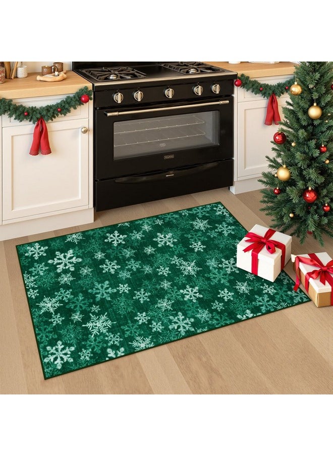 Christmas Rugs Washable Entryway Rug, 2X3 Green Christmas Snowflake Indoor Door Mat, Non-Slip Small Kitchen Rug, Low Pile Front Door Mat Soft Area Rug For Bedroom Bathroom Holiday Decor, Green
