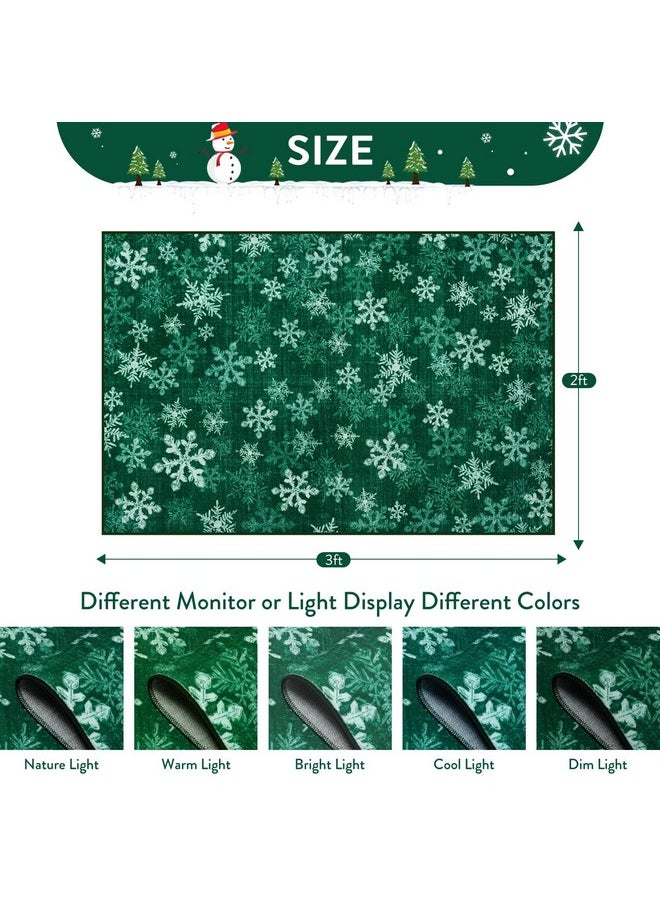 Christmas Rugs Washable Entryway Rug, 2X3 Green Christmas Snowflake Indoor Door Mat, Non-Slip Small Kitchen Rug, Low Pile Front Door Mat Soft Area Rug For Bedroom Bathroom Holiday Decor, Green