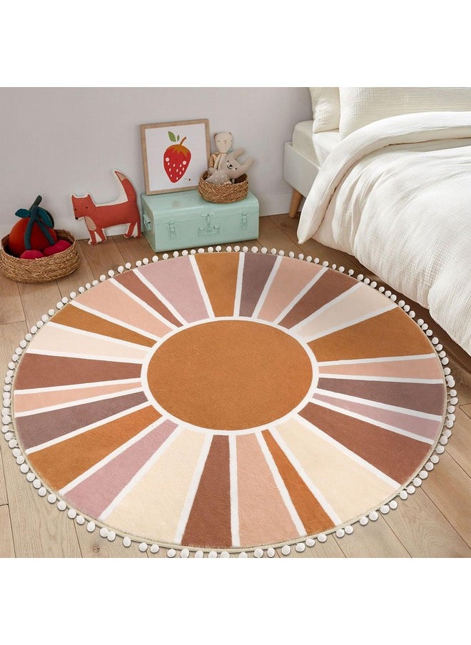 Boho Round Area Rug 4Ft Sun Rainbow Nursery Rugs For Kids Room, Washable Ultra Soft Circle Area Rug With Pom Poms, Non-Slip Accent Throw Rugs For Bedroom Entryway Living Room Decor