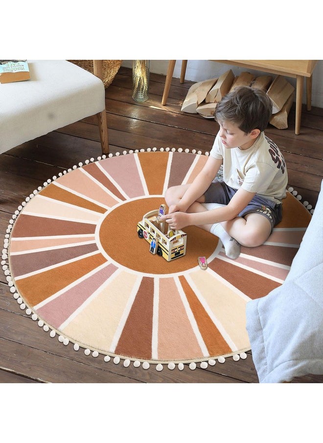 Boho Round Area Rug 4Ft Sun Rainbow Nursery Rugs For Kids Room, Washable Ultra Soft Circle Area Rug With Pom Poms, Non-Slip Accent Throw Rugs For Bedroom Entryway Living Room Decor