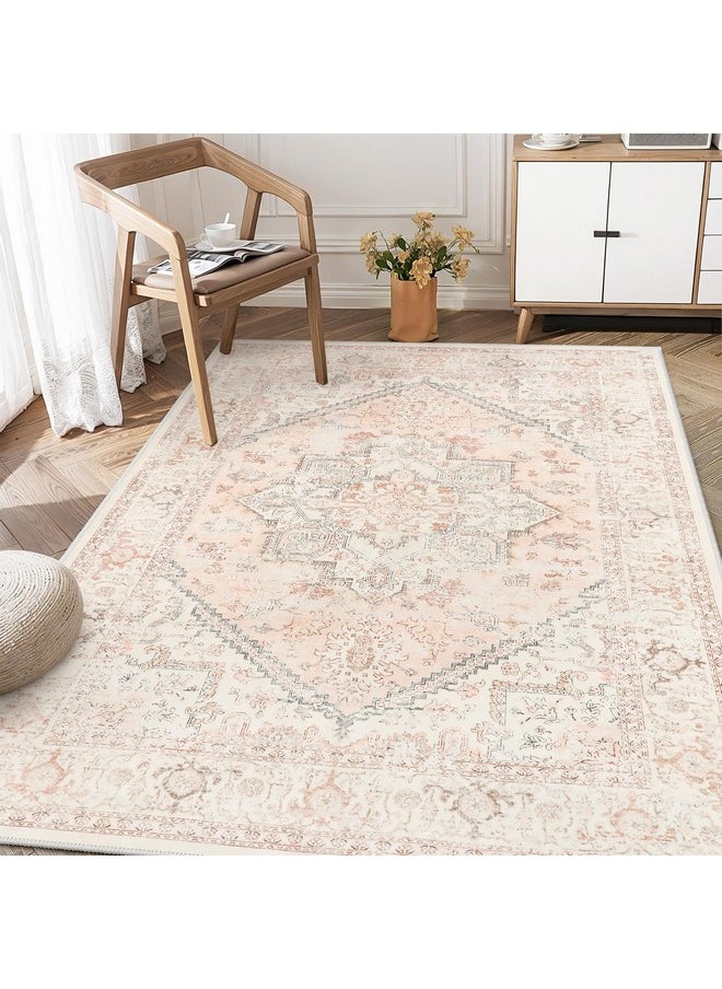 Area Rug Pink 4X6 - Oriental Floral Bedroom Rug Vintage Low-Pile Indoor Rug For Kids Room, Non-Shedding Retro Carpet, Accent Rug For Kitchen Entryway Office Camper Pink