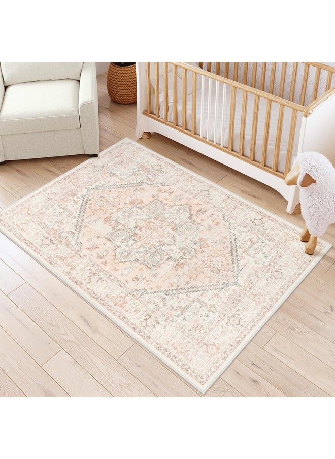 Area Rug Pink 4X6 - Oriental Floral Bedroom Rug Vintage Low-Pile Indoor Rug For Kids Room, Non-Shedding Retro Carpet, Accent Rug For Kitchen Entryway Office Camper Pink