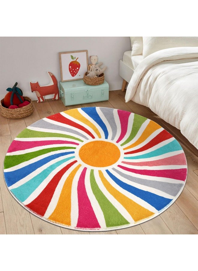 Sun Rainbow Round Rug,Colorful Boho Kids Rug Ultra Soft Washable Nursery Rug For Bedroom Perschool Classroom,47