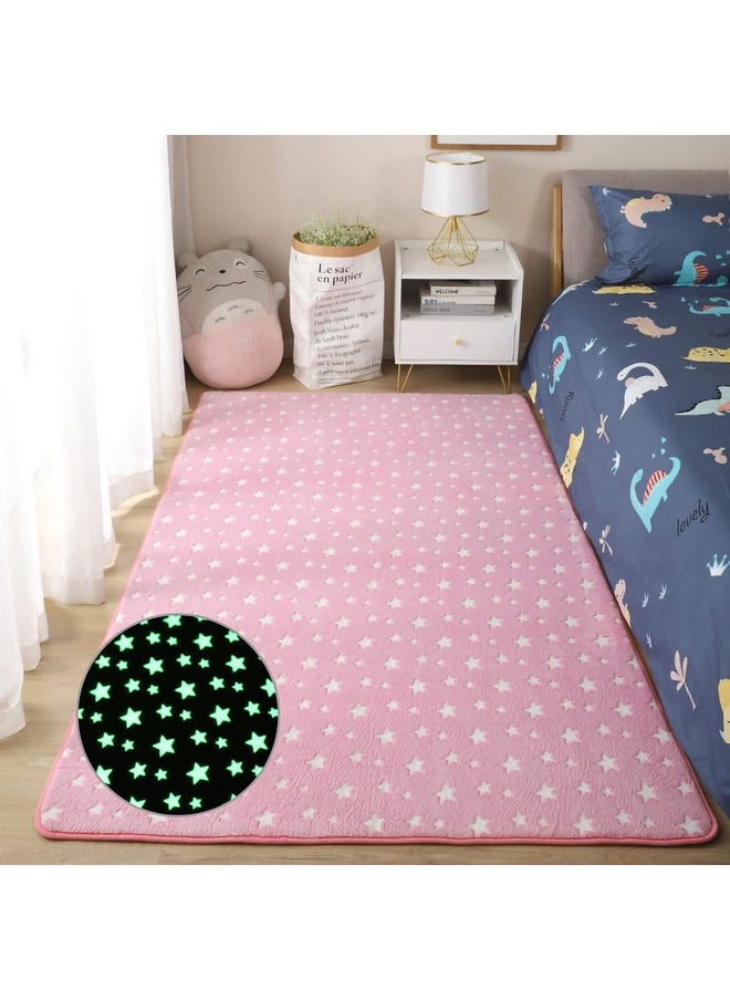 Glow In The Dark Floor Mats Luminous 5’ X 7’ Area Rug Soft Decorative Play Mat For Kids Crawling Mat Non-Slip Living Room Rug Carpets For Bedroom Home Decor,Pink Star