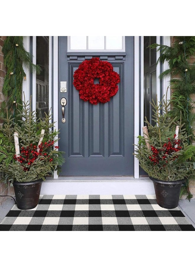 Cotton Buffalo Plaid Outdoor Rug 2X4 Ft Black And White Runner Rug Hand-Woven Checkered Porch Rug Welcome Door Mat For Farmhouse/Bathroom/Laundry/Living Room