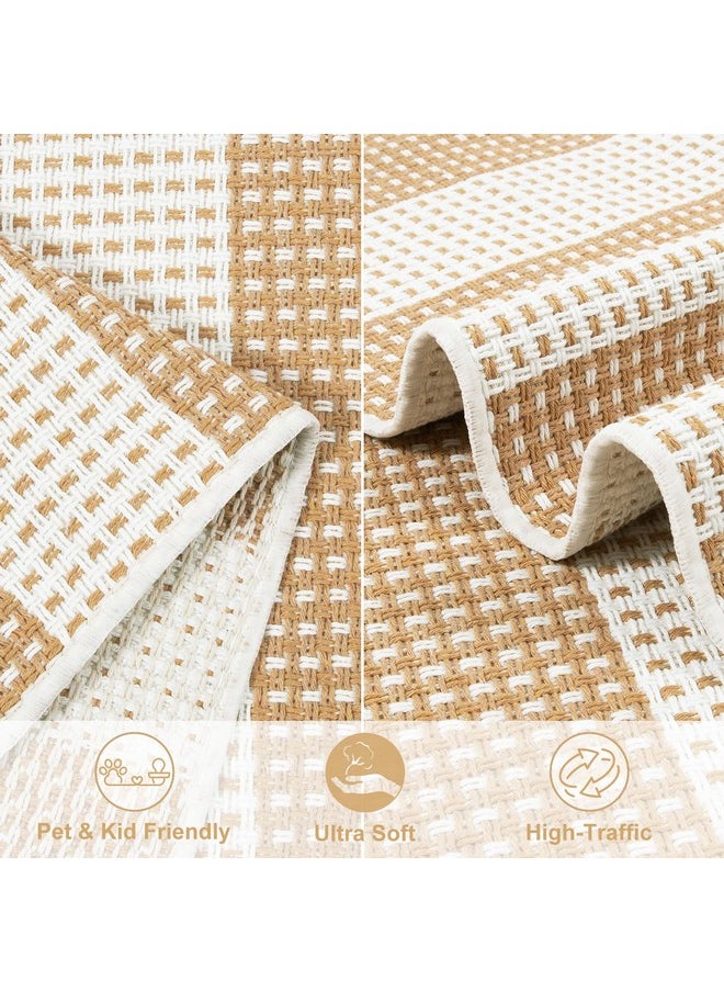 Front Door Rug 24'' X 35'', Machine Washable Blue Outdoor Rug Entryway Rugs, Tan And White Indoor Striped Rug Cotton Hand-Woven Small Area Rug Outdoor Mats For Porch/Farmhouse/Home Entrance