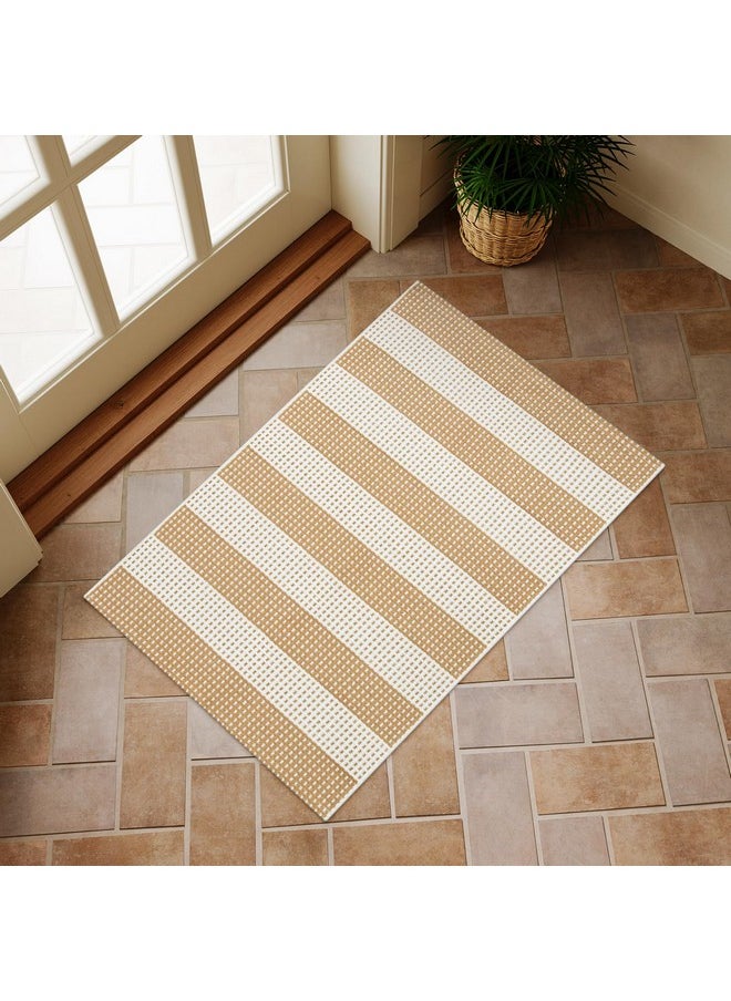 Front Door Rug 24'' X 35'', Machine Washable Blue Outdoor Rug Entryway Rugs, Tan And White Indoor Striped Rug Cotton Hand-Woven Small Area Rug Outdoor Mats For Porch/Farmhouse/Home Entrance