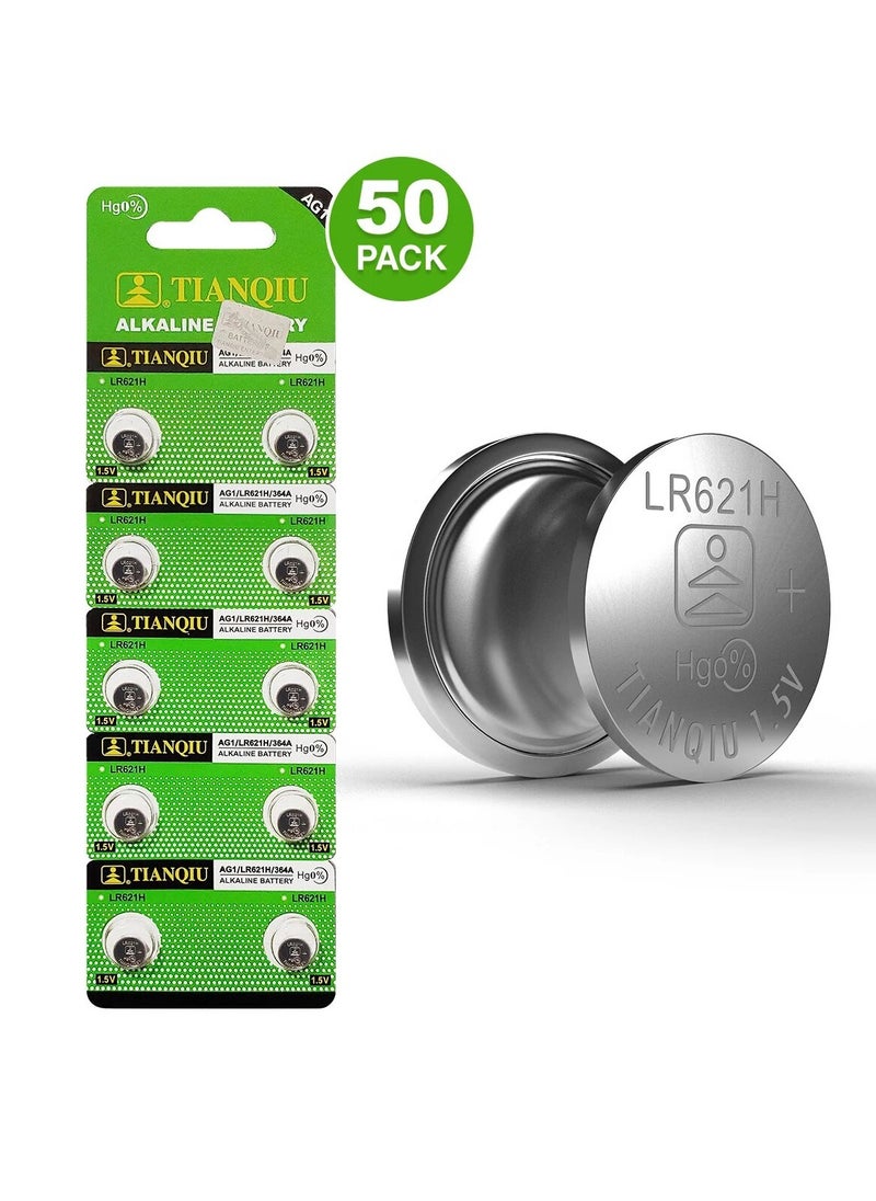 50-Pieces Tianqiu AG1/ LR621H/ 364A 1.5V Alkaline Batteries