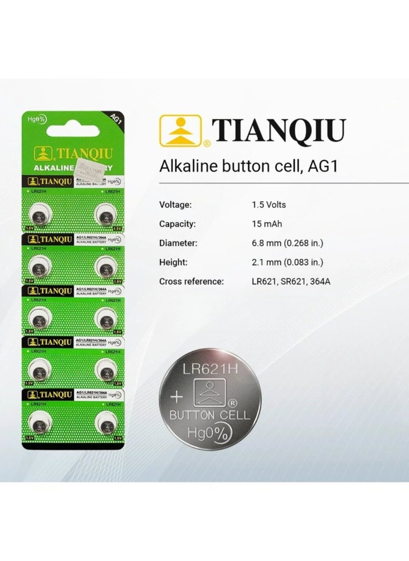 50-Pieces Tianqiu AG1/ LR621H/ 364A 1.5V Alkaline Batteries
