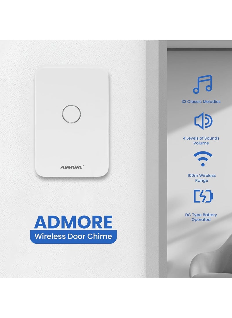 Admore Wireless Doorbell, Waterproof Door Bell With 33 Classic Melodies Waterproof Battery Operated Cordless Doorbell Operating at 100M Long Range 4 Volume Levels 1 Push Button & 1 Receiver for Home