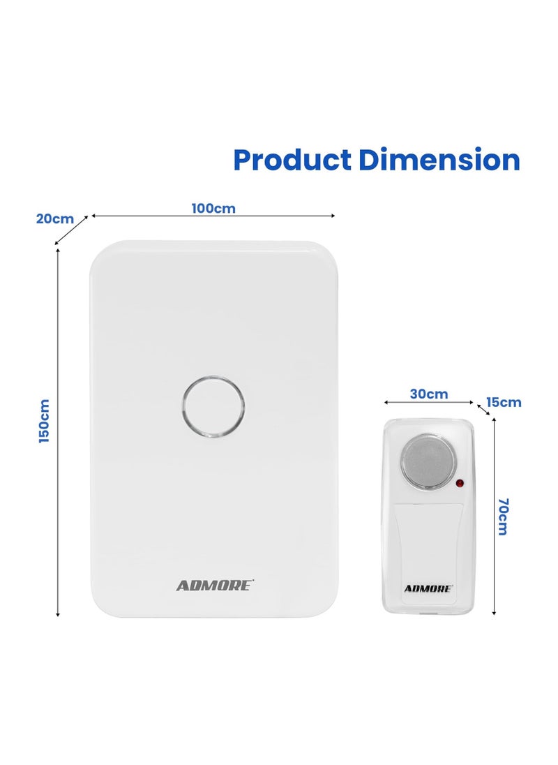 Admore Wireless Doorbell, Waterproof Door Bell With 33 Classic Melodies Waterproof Battery Operated Cordless Doorbell Operating at 100M Long Range 4 Volume Levels 1 Push Button & 1 Receiver for Home