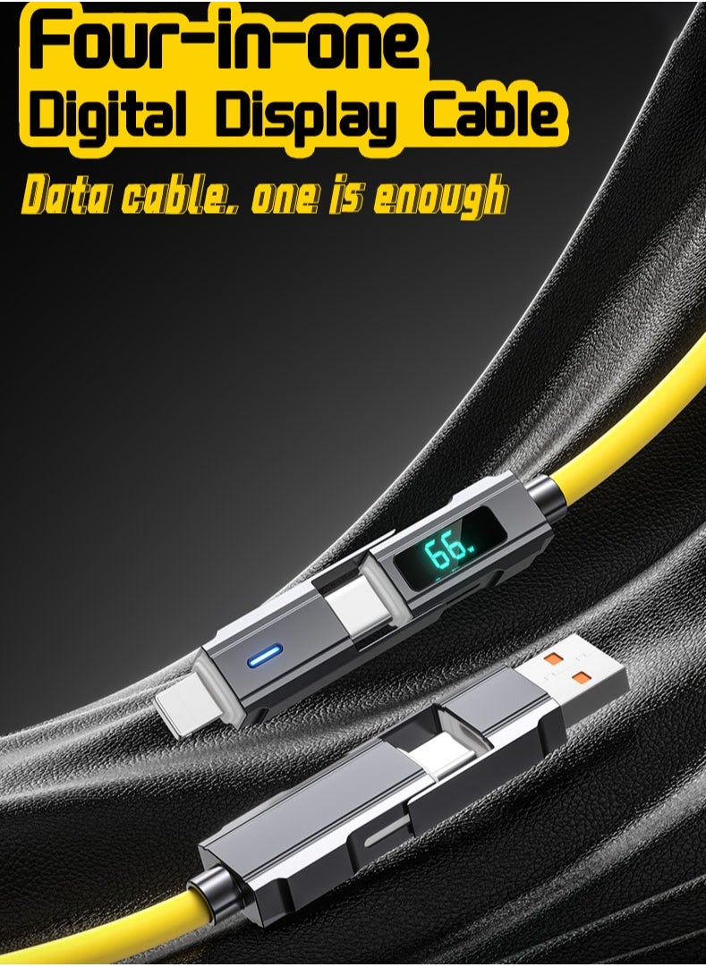 2 Meter 4-in-1 Digital Display Cable, PD 66W + 27W Fast Charging, Multi Charging Cable Lightning/Type C/USB A Ports, Compatible with Apple, Android, and All Devices, 480Mbps Data Transfer Speed, Cyber Style Yellow