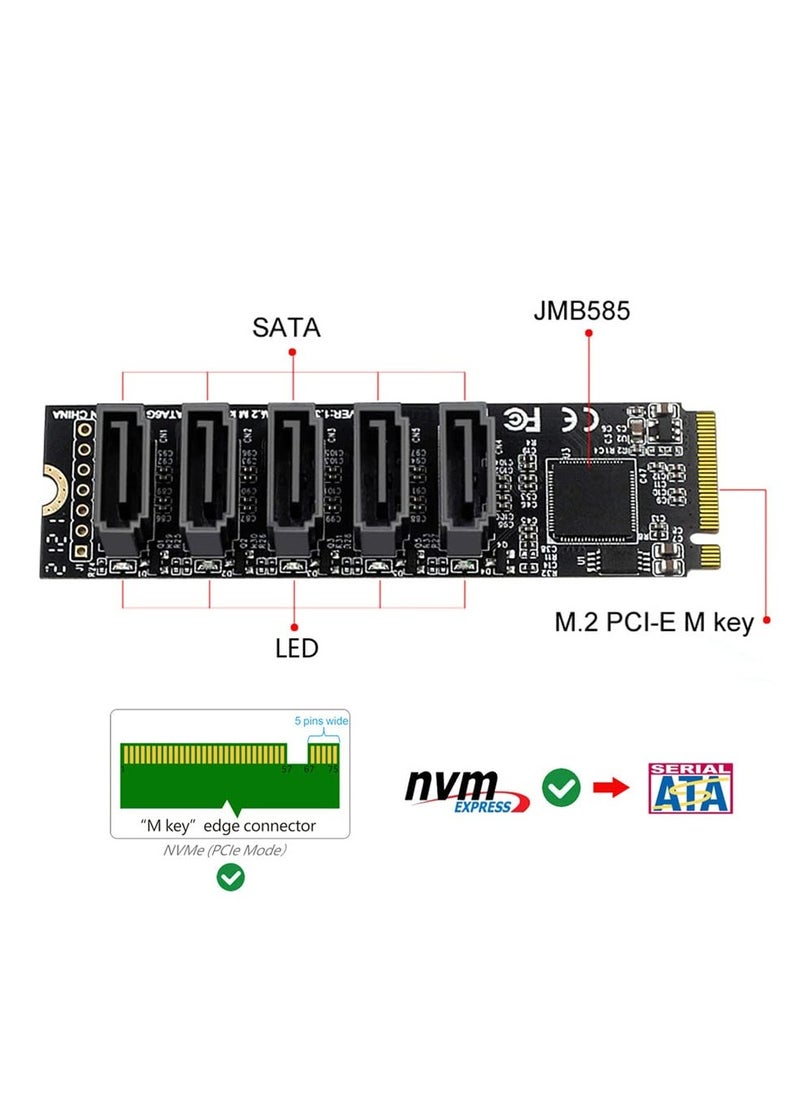 NGFF NVME M-Key PCI Express to SATA 3.0 6Gbps 5 Ports Adapter Converter Hard Drive Extension Card JMB585 2280