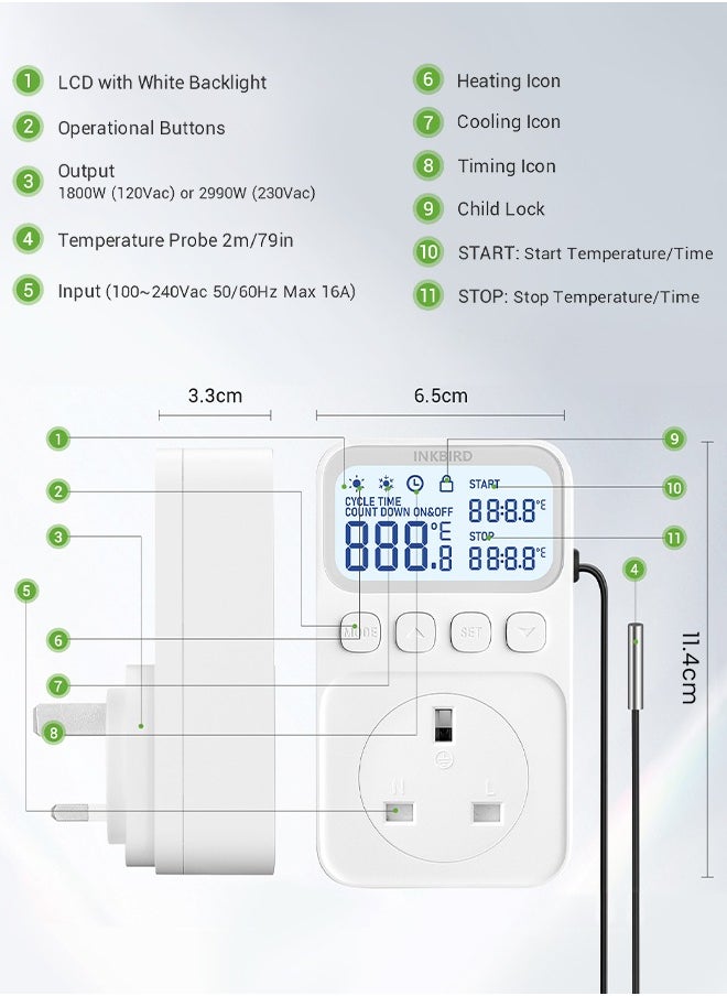 INKBIRD Digital Thermostat Outlet Temperature Controller Outlet Socket Heating/Cooling Control 1200W 10A Backlit Display